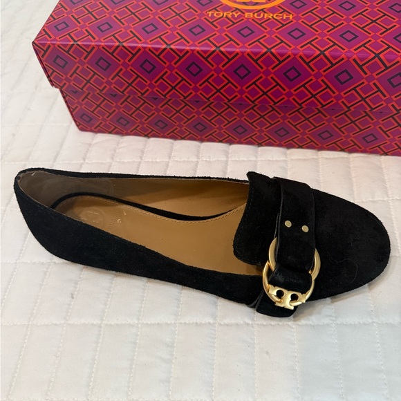 Tory Burch Black Suede Loafers with Gold Buckle - Picture 8 of 11